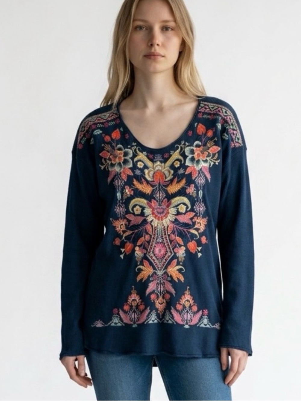 Johnny Was Navy Blue Floral Embroidered V-Neck Blouse-XL